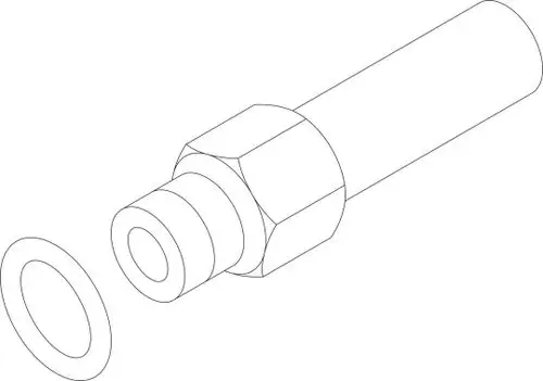Bosch Düsensatz bestehend aus einem Düsenteil mit Außengewinde und einer Dichtung, auf einem weißen Hintergrund dargestellt.